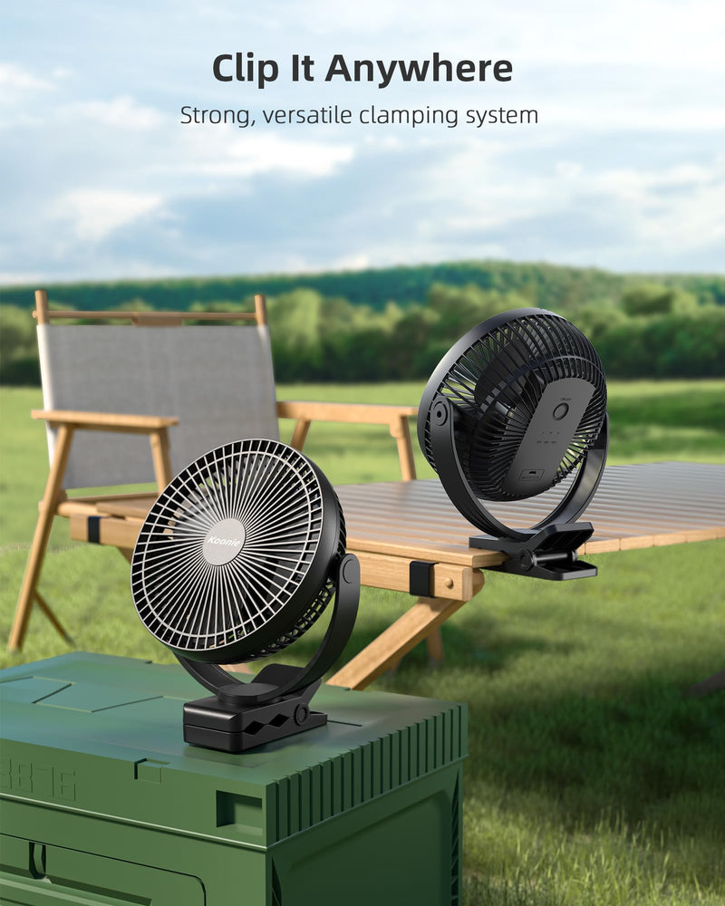 Koonie 10000mAh Clip on Fan Rechargeable, 8-Inch Battery Operated Desk Fan, USB Fan with 4 Speeds, Strong Airflow Sturdy Clamp for Golf Cart Office Desk Outdoor Travel Camping Tent Gym Treadmill,Black Black