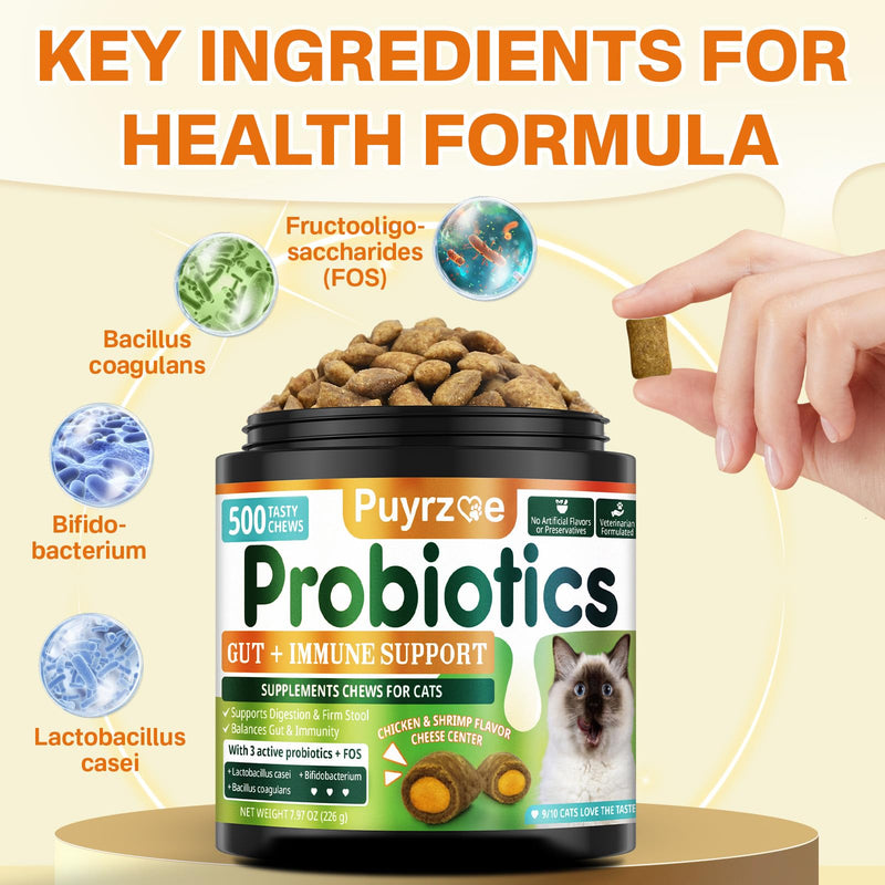 Puyrzoe Cat Probiotics & FOS Chews - Digestive + Gut Support, 500 Crunchy & Creamy Chews, Constipation Relief + Nutrient Absorption + Immune, Daily Probiotics Chews for Cats Kittens (Chicken Shrimp)