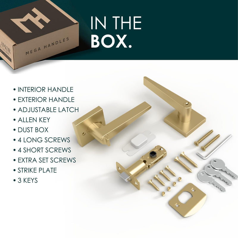 Mega Handles Schein Entry Door Handle - 1 Pack Reversible Gold Door Handle, Keyed Entry Heavy Duty Door Handles with Lock for Entrance & Bedroom, Fits All Standard Doors - Satin Brass