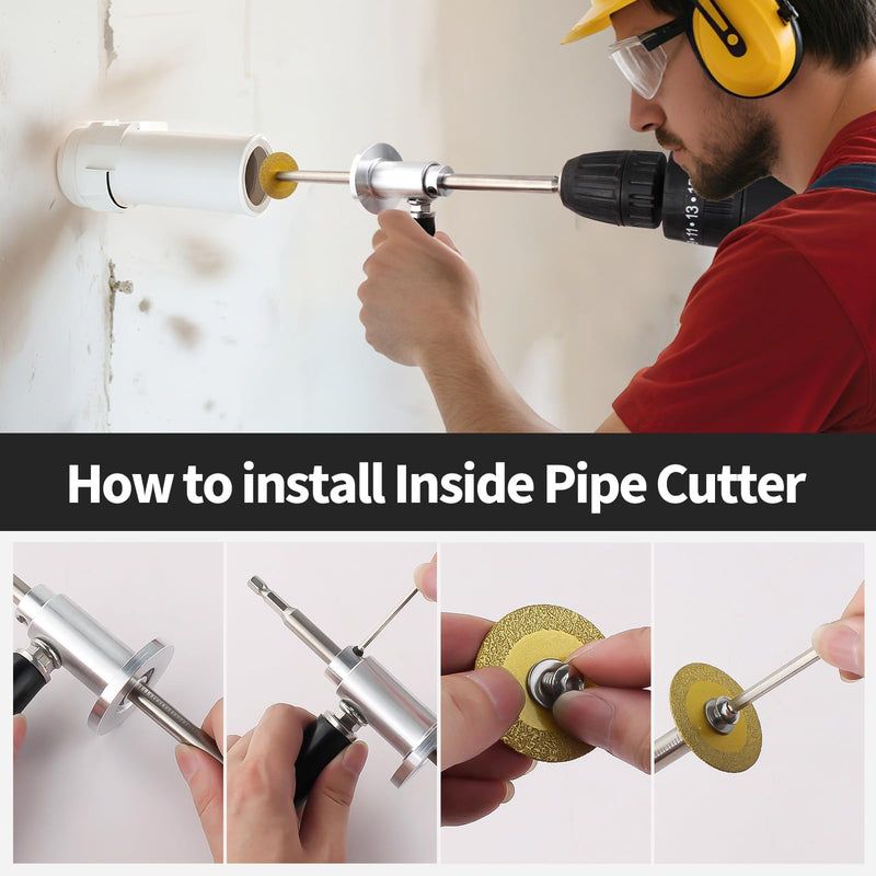 Inside/Internal Pipe Cutter for PVC Pipe, Professional PVC-ABS Pipe Cutter Tool with 7" Adjustable Depth Gauge, Stainless Handle, 5 Diamond Grit Cutting Blades, Gloves, 1/4" Hex Shank and Wire Saw