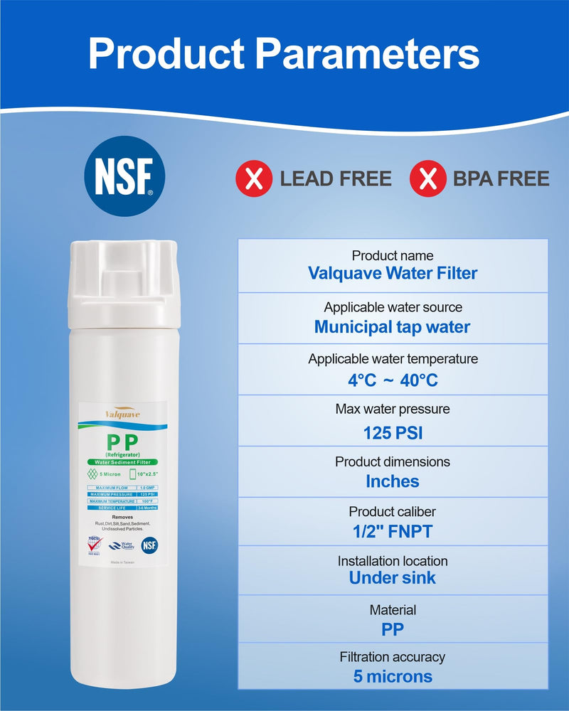 Under Sink Water Filtration System, NSF Certified 10 x 2.5 Inch PP Sediment Filter Cartridge, 5 Micron, Lead-Free, BPA-Free Heavy Duty with 1/2 Inch FNPT Inlet/Outlet