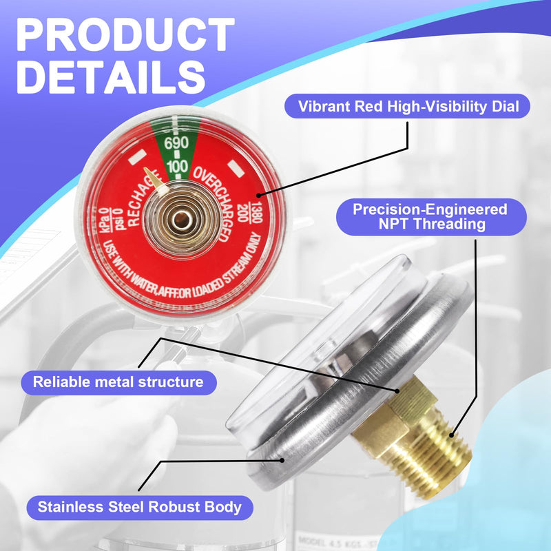5PCS 100 PSI Pressure Gauge for Portable Water Fire Extinguishers Compatible with Amerex, Ansul, Badger, Stainless Steel Water Fire Extinguisher Replacement Part, 1/8" NPT Thread, Red Dial