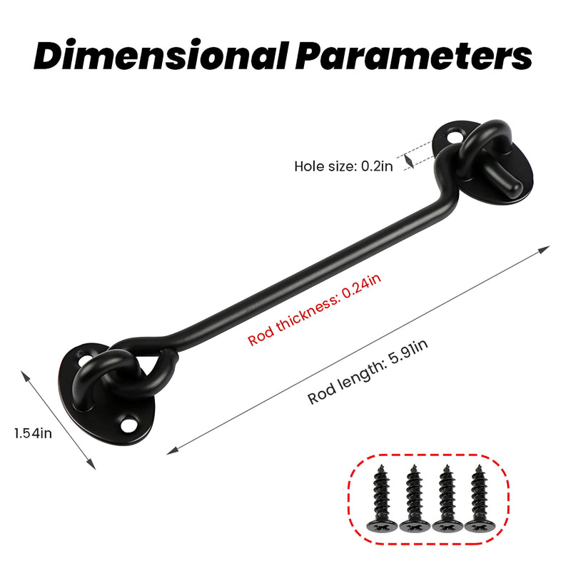 2 Pack 6'' Door Latch Door Lock Hardware, 6'' Hook and Eye Gate Latch Easy Lock for Barn Door, Black Sliding Door Lock with Screws for Window, Cabin Hooks