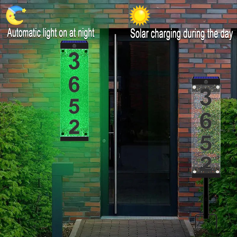 Solar House Numbers for Outside, Acrylics Solar Address Sign with Iron Stakes, Waterproof RGBW Color Changing Remote Control, Lighted Modern Address Plaque Solar Powered for Street Yard Home Multi Digit Multi Color