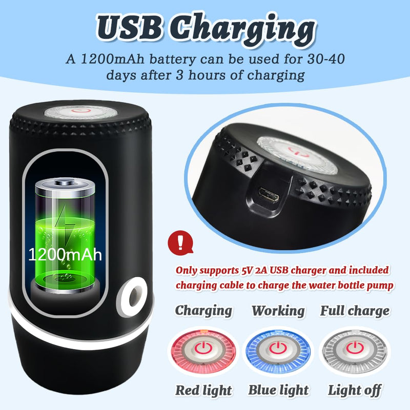 Water Dispenser for 5 Gallon Bottle, Electric Water Pump for 5 Gallon Jug with Switch and USB Charging, Portable Automatic Water Jug Dispenser for Camping, Travel, Home, Kitchen, Office Black