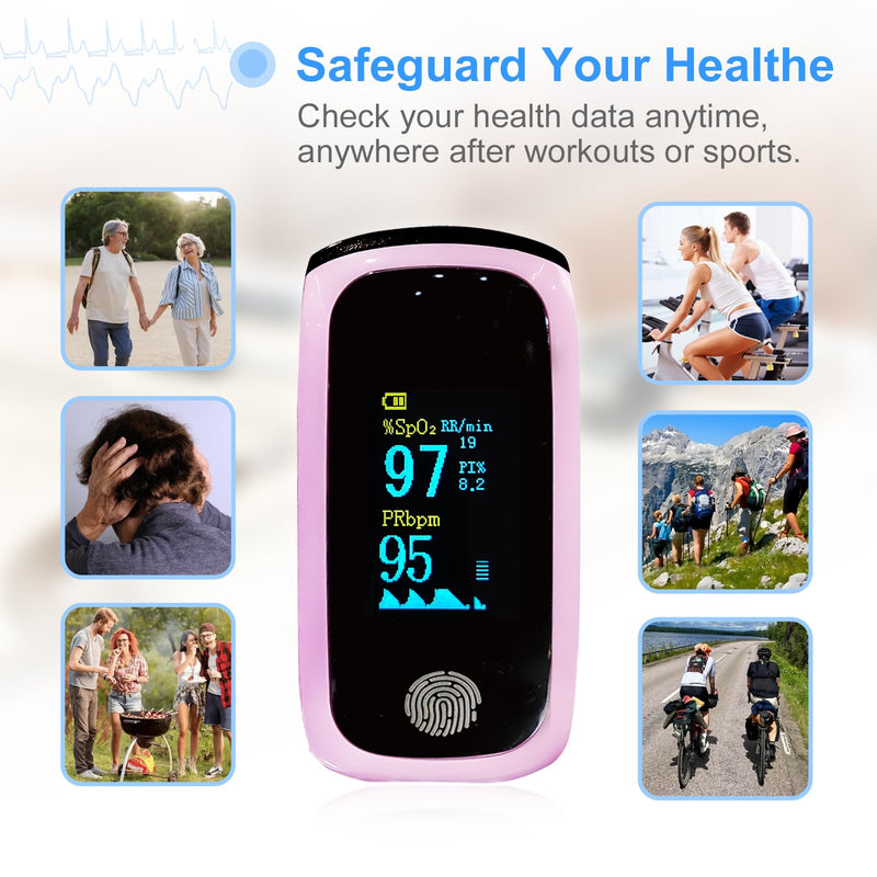 Pulse Oximeter with Respiration, Rechargeable Fingertip Pulse Oximeter Blood Oxygen Monitor with Pulse Readings, Portable O2 Saturation Monitor for Sports and Travel, Pink Pulse Oximeter for Daily Wellness