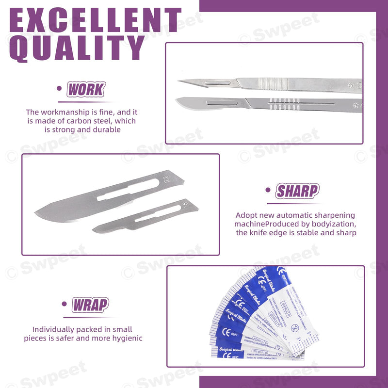 Swpeet 77Pcs 9 Styles #10#11#12#15#20#21#22#23#24 Scalpel Blades Surgical Grade Blades with #3#4 Scalpel Knife Handle Assortment Kit,Biology Lab Knives for Biology Lab Anatomy, Cutting N6