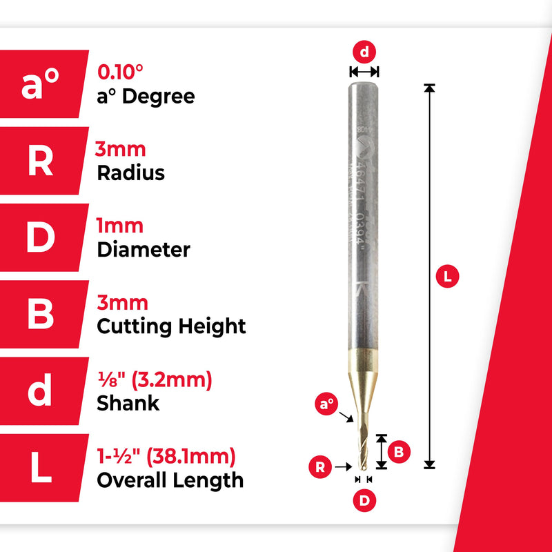 Amana Tool CNC 2D 3D Carving Angle Ball Tip Router Bit, ZrN Coated, 46471, 0.10 Deg, 1mm Dia x 0.50mm Rad x 3mm CH x 1/8 Shk x 1-1/2 Inch L x 3 Fl