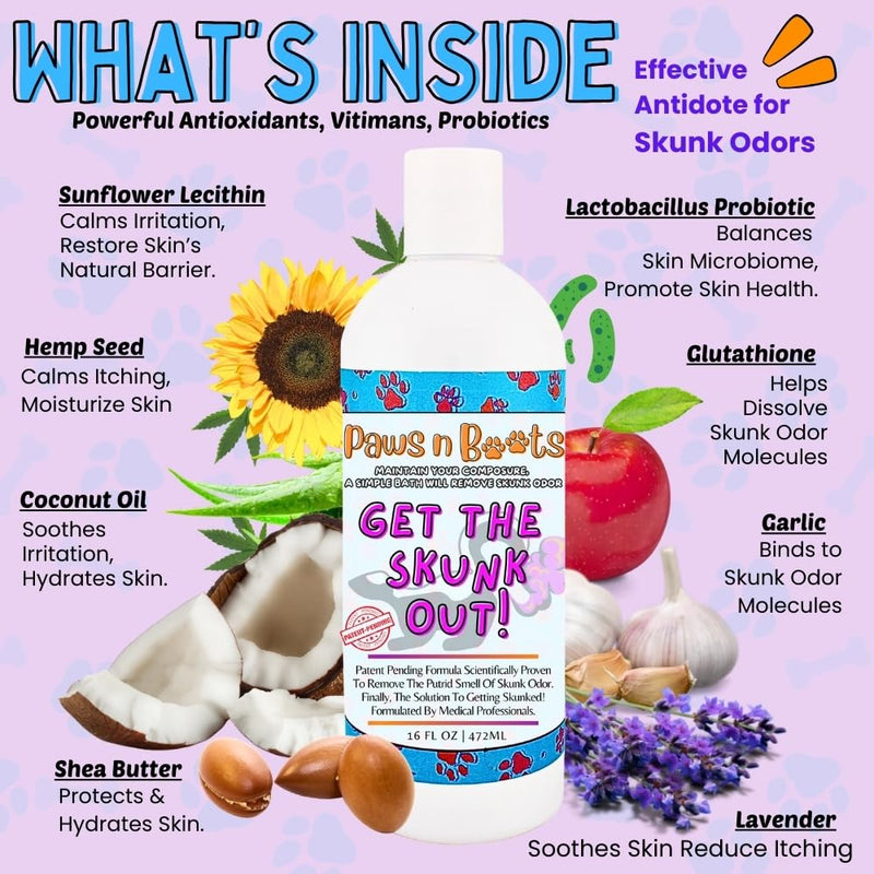 Get The Skunk Out! The Most Effective Skunk Odor Removing Shampoo for Pets Ever Made. All-Natural, Safe, Enzymatic Formula. Patent-Pending Technology. Non-Toxic, Safe to Use on All Pets - PawsPlanet Australia