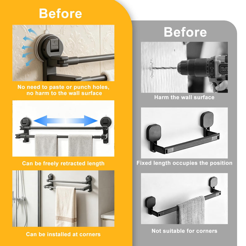 Adjustable Suction Cup Towel Bar for Bathroom Wall, 20.47 to 35.43 Inch Towel Racks for Bathroom, No Drill, Removable Bath Towel Holder for Shower, Gray