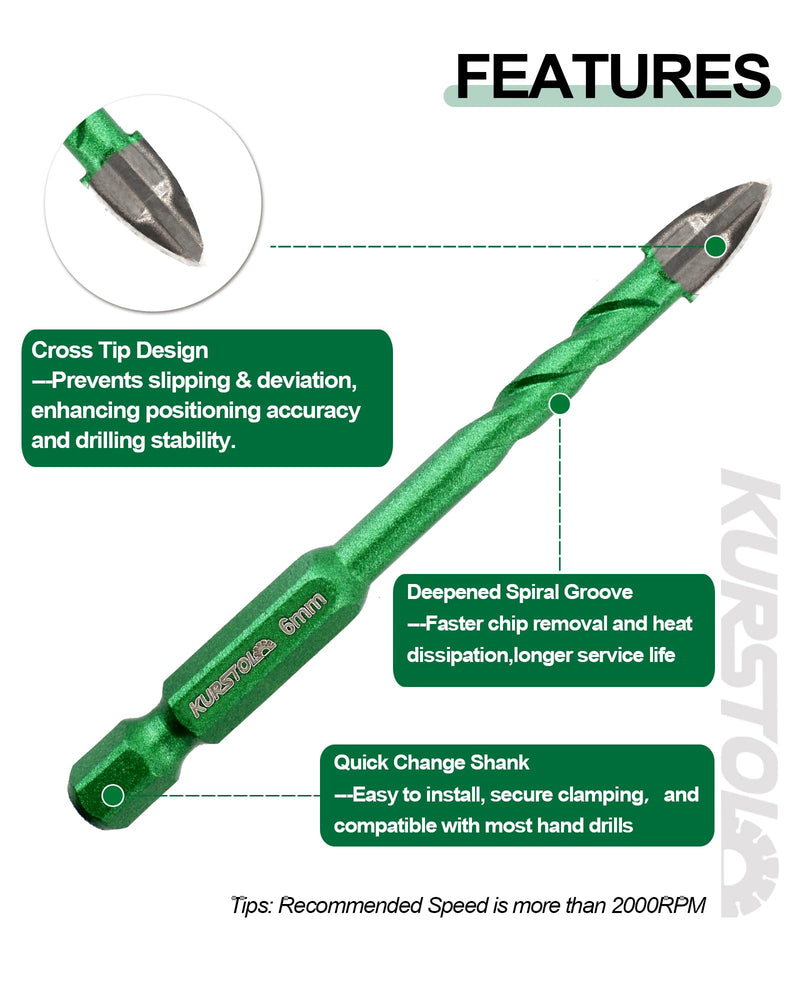 10 PCS Masonry Drill Bits Set - KURSTOL 1/8" 5/32" 3/16"*2 1/4" 2 5/6"*2 3/8" 1/2" Concrete Drill Bit for Wood Plastic Masonry Brick Glass Tile Marble, Cross Tungsten Carbide Tip, Quick-fit Hex Shank 3/4/5*2/6*2/8*2/10/12mm 10