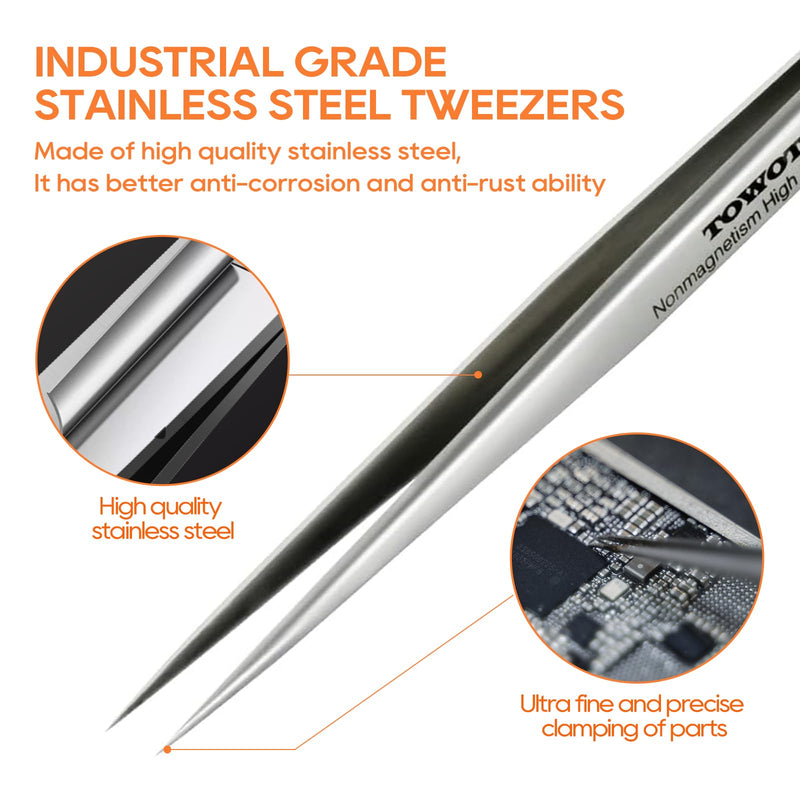TOWOT Precision Tweezers, Stainless Steel Pointed Tweezers for Craft, Electronics, Soldering, Experimental Work, Jewelry-Making, Non-Magnetic Industrial Tweezers Fine Tip Straight LONG(140mm)