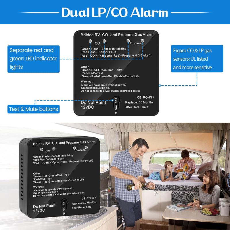 RV Carbon Monoxide & Propane Gas Alarm, Briidea Dual LP/CO Alarm, Separate LED Indicators, 100dB Loud, Early Warning Safety System, 12 VDC, Black