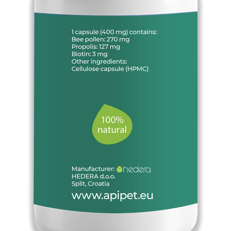 ApiPet Skin - Bee Pollen, Propolis & Biotin Supplement for Dogs - Supports Healthy Skin & Soft Shiny Coats - Itchy Allergy Relief - Vitamin Rich Pet Formula for Immune System Support - 60 Capsules - PawsPlanet Australia
