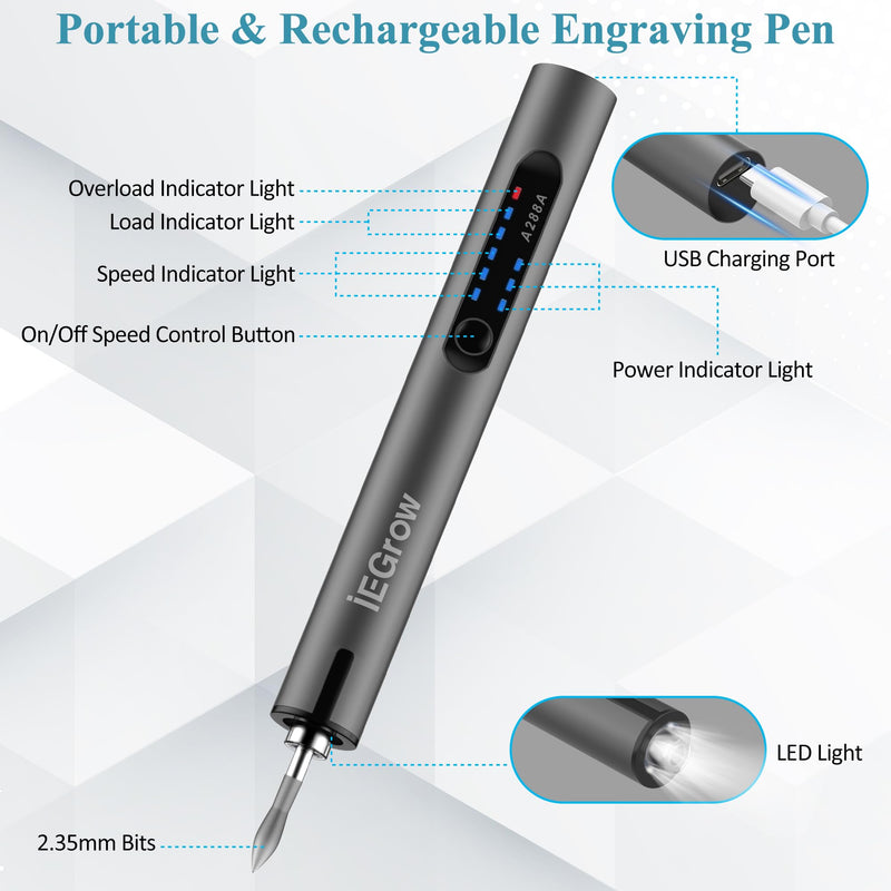 Electric Engraving Pen with LED Light, 3 Speeds Mini DIY Etching Tool,USB-C Rechargeable Electric Engraver Tool with 44 Bits,Cordless Engraving Pen for Metal, Wood, Glass and Plastic,Grey Grey