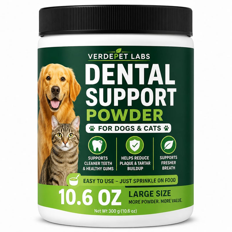 Large 10.6 oz Dog & Cat Dental Powder – Fresh Breath, Plaque & Tartar Support – Easy Sprinkle on Food- Oral Care Formula.
