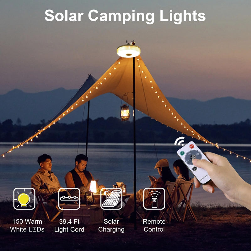 2-Pack Solar Camping String Lights, 39.4FT Portable Waterproof Camping Light with 8 Lighting Modes, Solar Powered and USB Rechargeable Tent Lantern with Remote Control for Camping, Garden and Hiking 2 Pack
