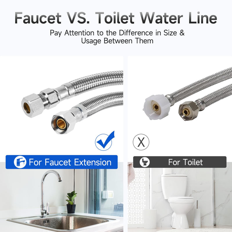 12" Faucet Supply Line Extension, 3/8" x 3/8" Comp Stainless Steel Faucet Extension Hose Connector, For Small Residence or Long Distance Extention 12 Inch