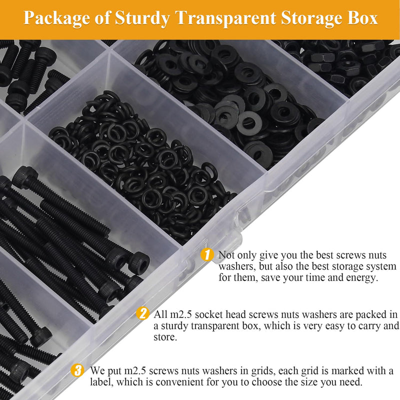 705 Pieces M2.5 Screws Nuts Washers Set Black, Sutemribor M2.5 x 4/6/8/10/12/16/20mm Hex Socket Head Cap Screws Nuts Washers Assortment Kit, 12.9 Grade Alloy Steel, Fully Threaded M2.5 Screws Kit