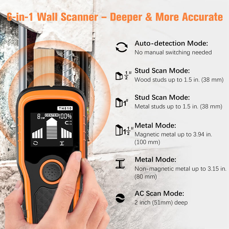 Stud Finder Wall Scanner - 6-in-1 Upgraded Multifunction Auto Detection with LCD Display & Audio Alarm for Wood, Metal & AC Wires, Ideal for Home DIY & Professional Contractors (Orange) Orange