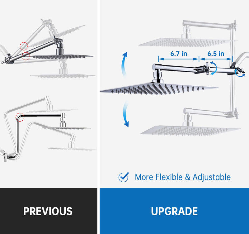 G-Promise 13 Inch Shower Head Extension Arm, Solid Brass Height & Angle Adjustable Extender, Rise or Lower Rainfall and Fixed Shower Head (Chrome) Chrome