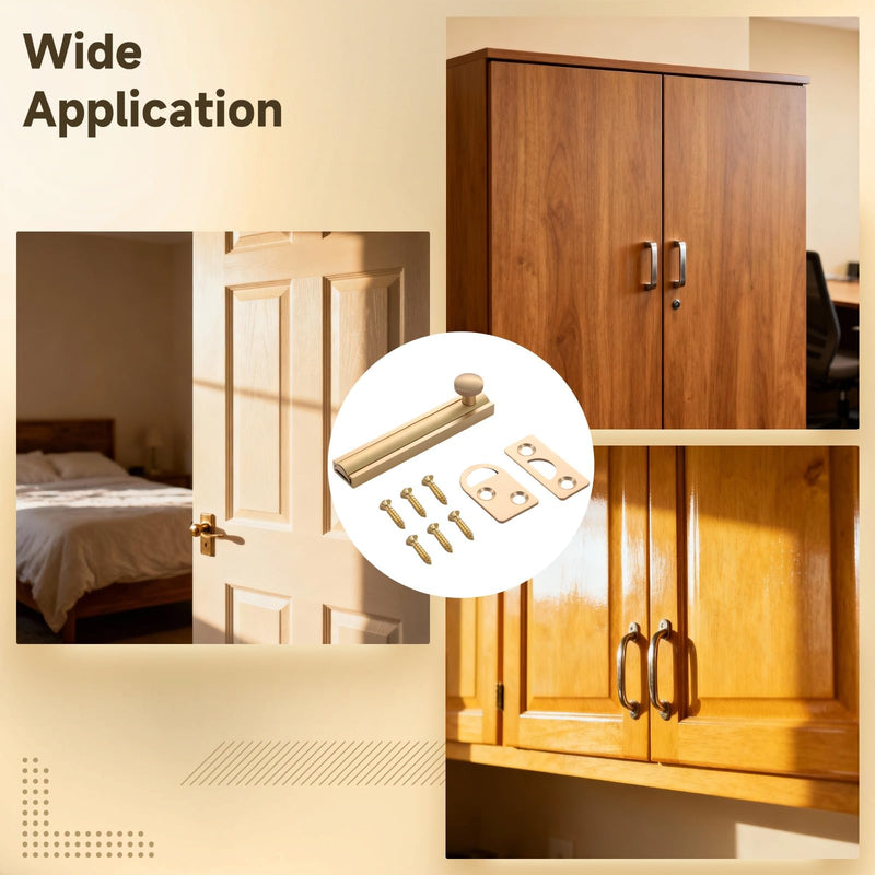 4 Sets Brass Surface Bolt, 3 in Brushed Brass Slide Bolt Lock with Screws, Sliding Door Latch Bolt for Cabinet Door, Closet, Bathroom, Bedroom, Barn Door, Home Security