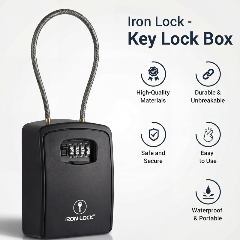 Iron Lock® Key Lock Box Portable with Cable Shackle & Wall Mount – Waterproof Heavy Duty Metal Lock Box for Keys with 4-Digit Combination Code on Door Knob, Fence, Pipe or Gate Extra Large(Black, XXL) 2X-Large Portable Cable Black