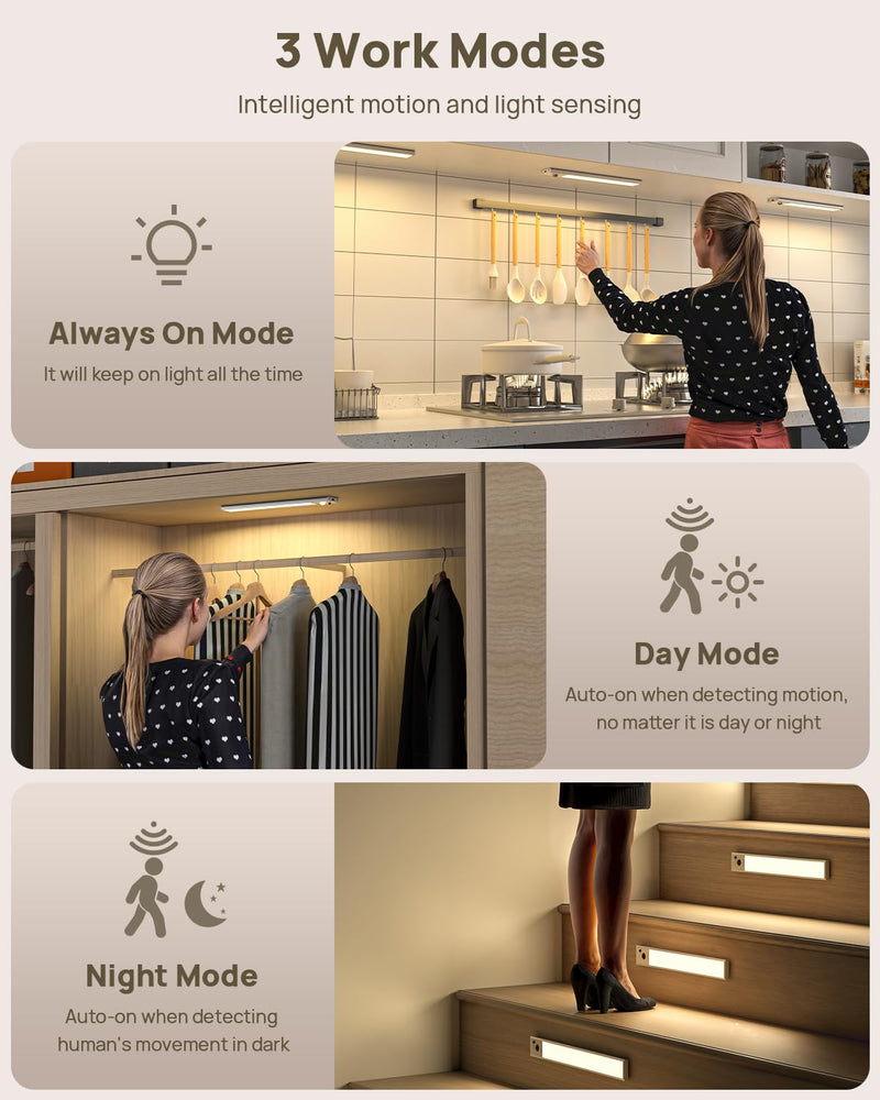 Under Cabinet Lights,12'' Rechargeable Battery 350 Lumens Motion Sensor Indoor Light Wireless Counter Light,3 Color Temperature Dimmable Closet Lighting with Remote Control for Kitchen,Stairs,Wardrobe White 5 Pack