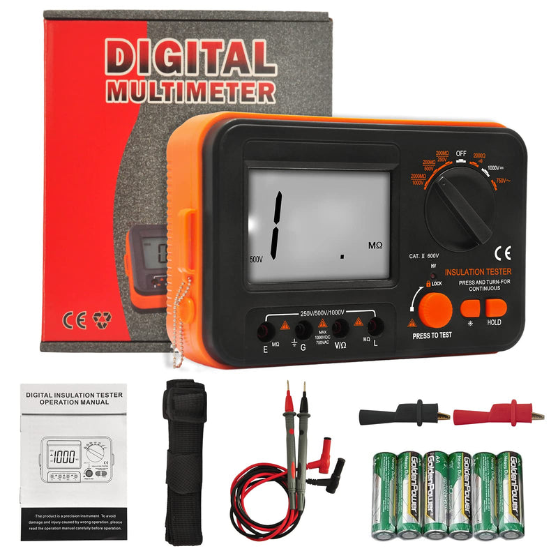 BTMETER Megohmmeter 1000V Insulation Resistance Tester, Electrical Megaohm Meter 200MΩ~2K Megohm Megger with 250V/500V/1000V Testing Voltage, Digital Multimeter Measure AC DC Voltage BT-VC60B (0.1MΩ~2GΩ)