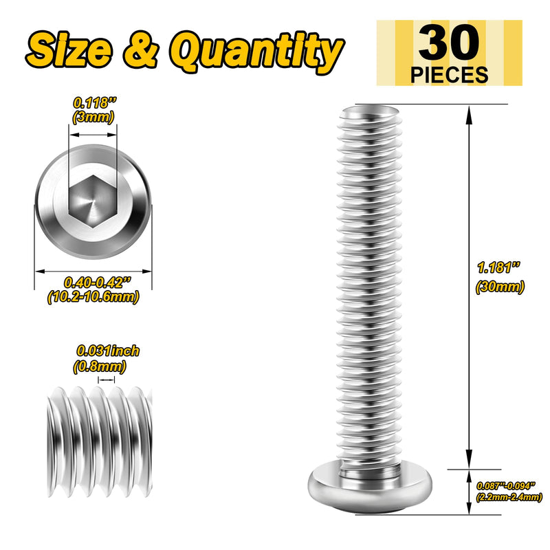 30Pcs M5 x 30mm M5 Screws Flat Head Hex Socket Cap Screws Bolts, 304 Stainless M5 Bolts Steel Furniture Screws Full Thread, Bright Finish & Hex Spanner by Mywish Silver-M5