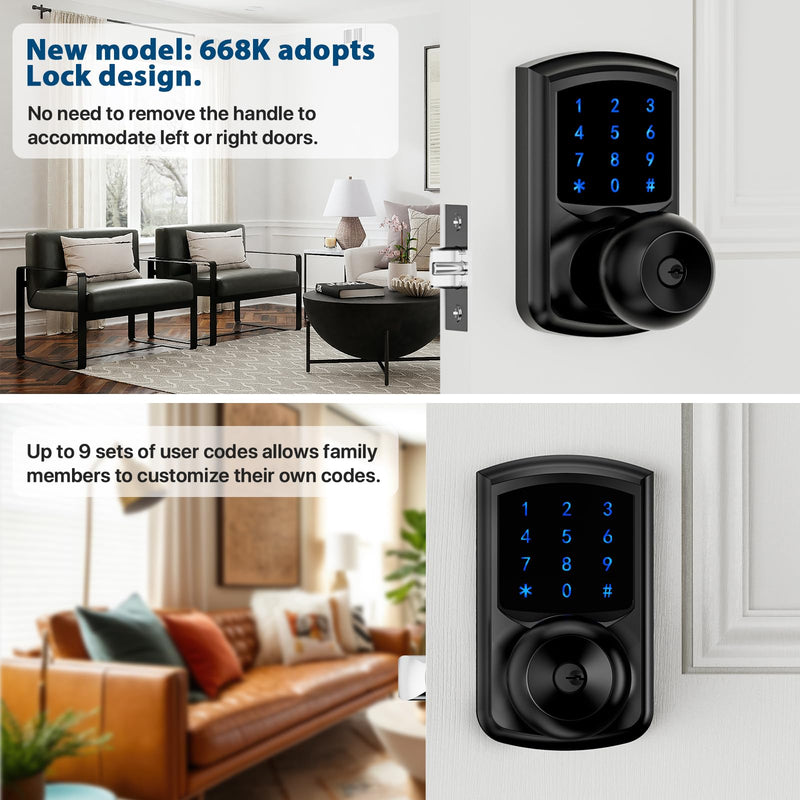 Hidalife Keyless Entry Door Lock with Code, Keypad Door Lock with Handle, Touchscreen Digital Lock with Keypad for Front Door, Auto-Lock, Matte Black