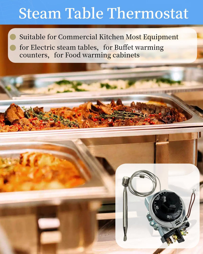 Thermostat Fit for Steam Table, Buffet Table Temperature Control, 30A RES 125-277VAC, Temp Range 60-250°F Temp Controller with 3/8" X 4-1/2" Bulb