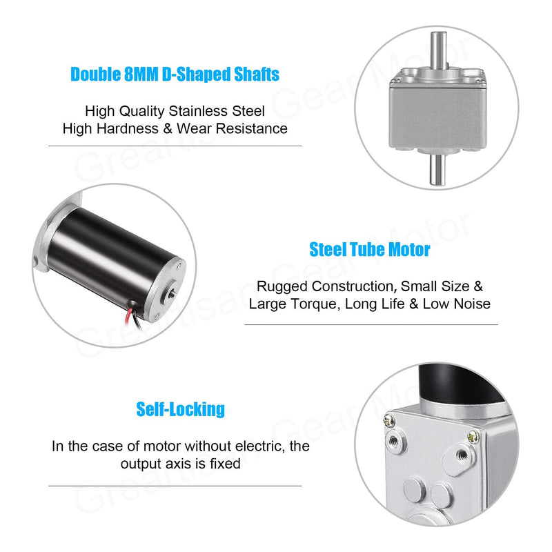 Greartisan DC 12V 10RPM 40Kg.cm 8mm Double Shafts Self-Locking Reversible Worm Gear Motor with Cable, High Torque Speed Reduction Motor, Turbine Electric Gearbox Motor 12 Volt 10 RPM