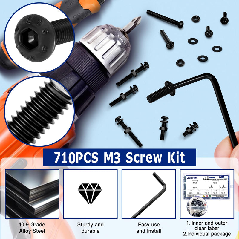 710PCS M3 Screw Assortment Kit, M3x6/8/10/12/16/20/25/30mm M3 Screw Kits, 10.9 Grade Alloy Steel Metric Hex Button Head Cap Screws, Nuts and Flat Washers, Black Zinc Plated Screw Set for 3D Printing