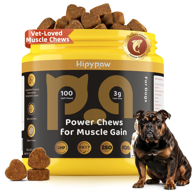 4-in-1 Muscle Gain Chews for Dogs: High Protein Supplement with BCAAs, Glucosamine & Salmon Oil – Premium Muscle Builder for All Breeds, Puppies to Senior – Salmon Flavor Soft Chews, 100 Tabs Black
