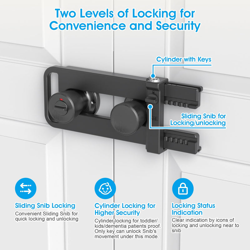 AST Double Door Security Lock, French Door Lockout Device with Keys, Reinforcement Lock for Knobset and Handleset, Prevent Kick Ins, Kids Proof Barricade, Matte Black with snib and Cylinder