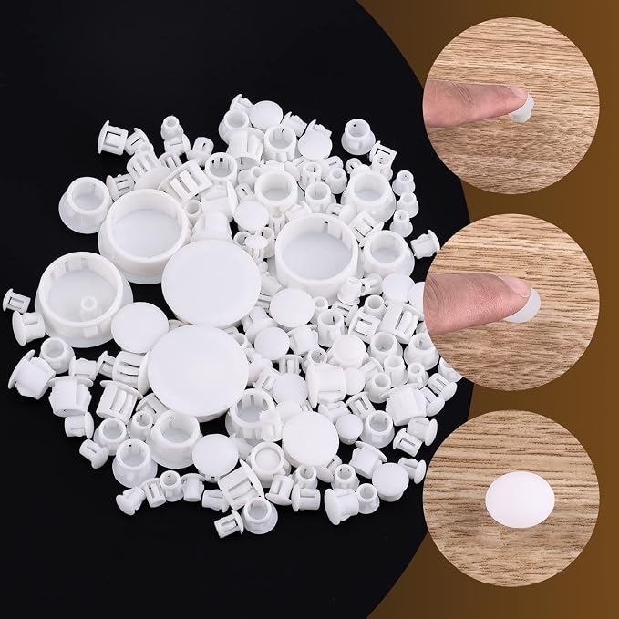 Plastic Hole Plugs, 180pcs White Panel Knockout Locking Plugs, Round Drill Screw Hole Plugs Covers for Kitchen Cabinet Furniture Insert End Caps, 1" 3/4" 1/2" 3/8" 5/16" 1/4" 1/5" B-white Mixed