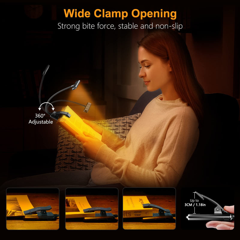 Gritin 19 LED Rechargeable Book Light for Reading in Bed with Memory Function- Eye Caring 3 Color Temperatures,Stepless Dimming Brightness,80 Hrs Runtime Lightweight Clip On Light for Book Lovers Black