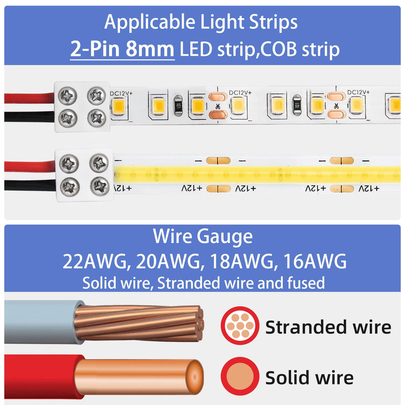 20 PCS 2-Pin 8mm Solderless LED Strip Connectors, Reliable and Easy-to-Install, Solidly Connected LED Light Connectors 8mm (20)
