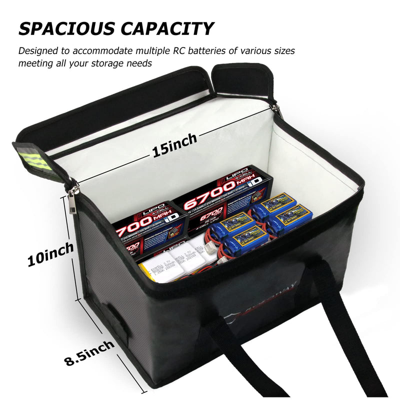 ROLOWAY Lipo Battery Bag (15 x 8.5 x 10 inch), Large Fireproof Lipo Ebike Bag with Comfortable Handle, Reflective Strip