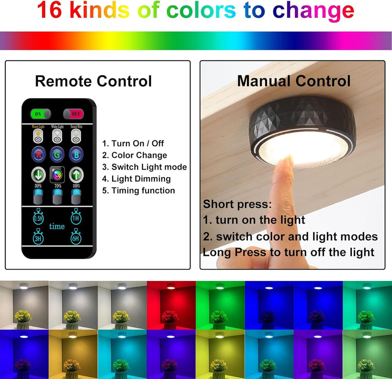 LED Puck Lights with Remote Battery Operated Under Cabinet Lighting Wireless Stick on Lights Color Changing Timer Tap Lights for Cabinets Shelves Closets Display Case - 6Pack Black 6 Pack