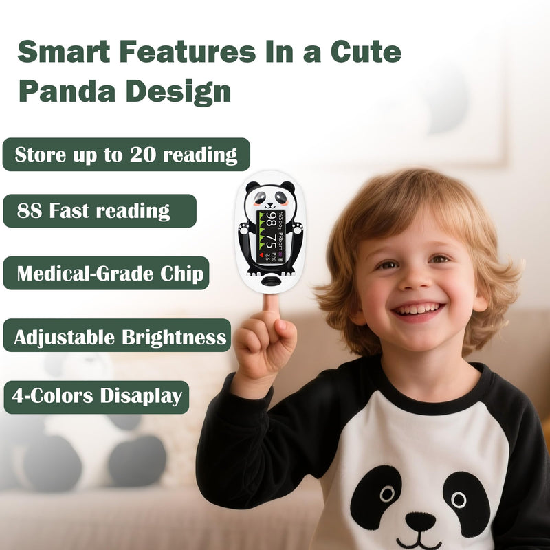 Panda Pediatric Pulse Oximeter for Kids (2+), Children Oxygen Monitor Fingertip with 20 × Memory, Blood Oxygen Saturation Monitor with Alarm, Batteries and Lanyard