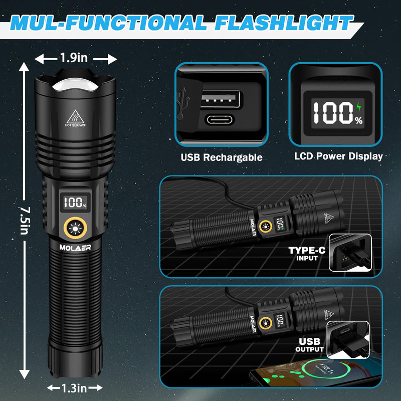 Rechargeable Flashlights 2200 High Lumens, Super Bright LED Flashlight with Zoomable, 6 Modes, IPX6 Waterproof, Powerful Tactical Handheld Flash Light for Camping, Hiking, Emergencies Black