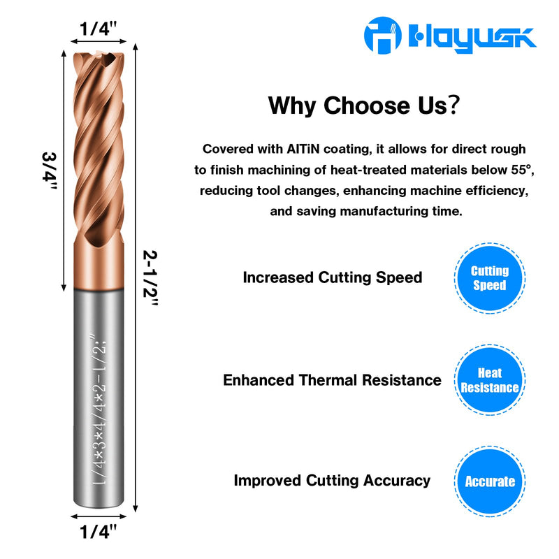 1/4" Carbide End Mills - 4 Flute Square End Mill with AlTiN Coating, HRC 55 Deg, 4T Tungsten Milling Bits for Stainless Steel, Hardened Steel, Cast Iron, Copper, Alloys & More 1/4 in