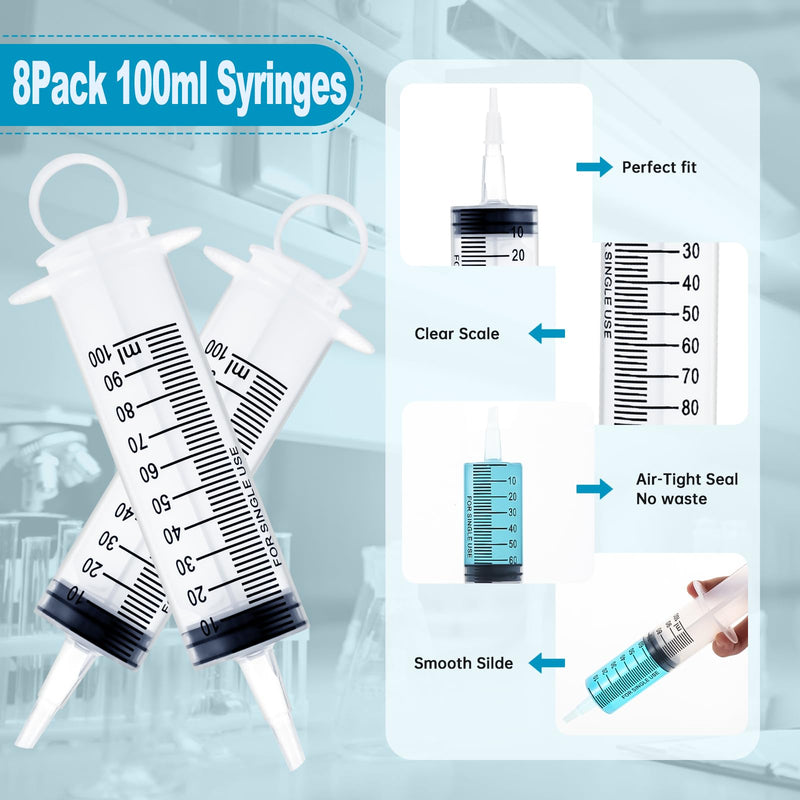 5Pack 150ml and 3Pack 100ml Large Syringes Catheter Tip With Cap Individual Sealed for Scientific Labs, Dispensing, Measuring, Watering, Refilling, Multiple Uses 150ml-5Pack + 100ml-3Pack