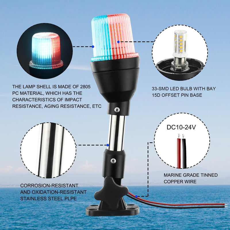LED Tri-Color Navigation Light,Bimini Top Red-Green-White Combination Boat Bow Light & Anchor Light, Stainless Steel Foldable Pole Base, 10-24V DC,10 Inches
