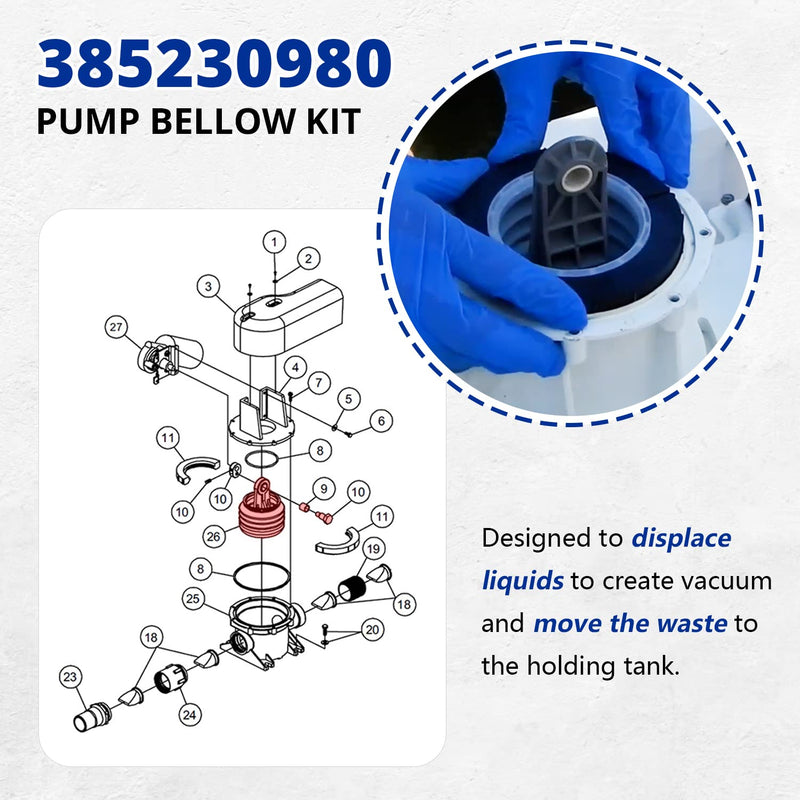 385230980 Pump Bellow Kit Toilet Pump Bellows S/T Pump Kit for Dometic/Sealand VG & VHT Series, Vacuflush S, J, T Series Discharge Pump, Including Bushing and Bolt