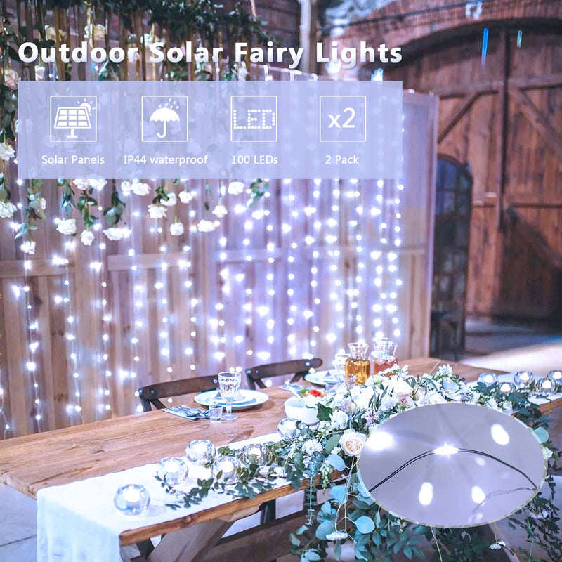 JMEXSUSS 2 Pack Solar String Lights Outdoor Waterproof, Each 33FT 100 LED White Solar Fairy Lights, 8 Modes Solar Lights for Outside Yard Tree Patio Garden Wedding Christmas Decorations 2 Packs