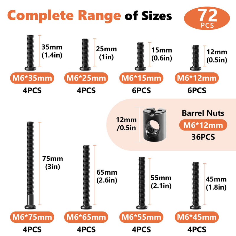 72PCS Crib Screws Hardware Replacement Kit, Baby Bed Frame Bolts & Barrel Nuts Set for Delta/Graco/Dream, Hex Drive Socket Cap Screws Barrel Nuts Set (M6*12mm/15mm/25mm/35mm/45mm/55mm/65mm/75mm) 72PCS Black