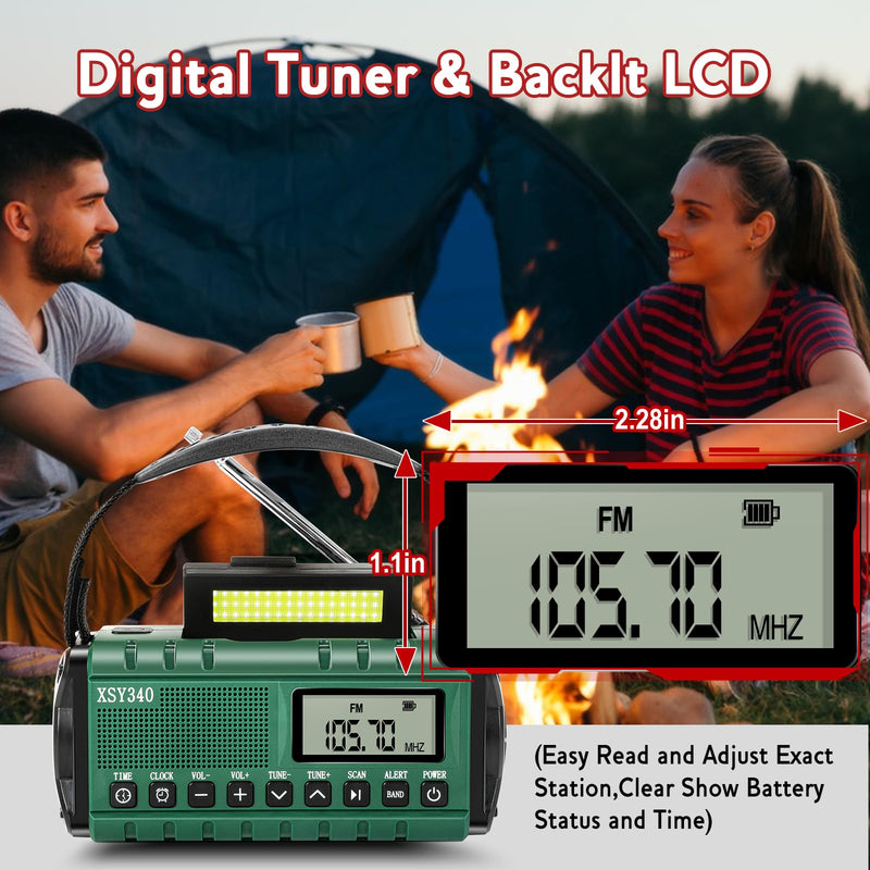 Emergency NOAA Weather Alert Radio with Solar & Hand Crank USB-C Charging Portable AM/FM Radio 3W Flashlight, Reading Lamp, Cell Phone Charger, SOS for Hurricane, Storm, Camping Emergencies Army Green
